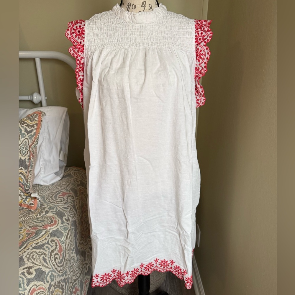 crown & ivy White Smocked Cotton Dress with Embroidered Red Details